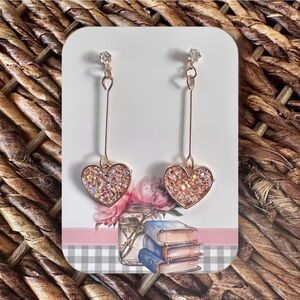 New Pretty Pink Sparkle and Gold-Tone Heart Dangle Earrings 💗 (2” L x 0.75” W)